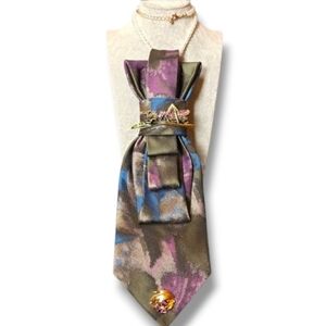 Oscar de la Renta Folded Reworked Cravat Purple & Green Grasshopper Brooch